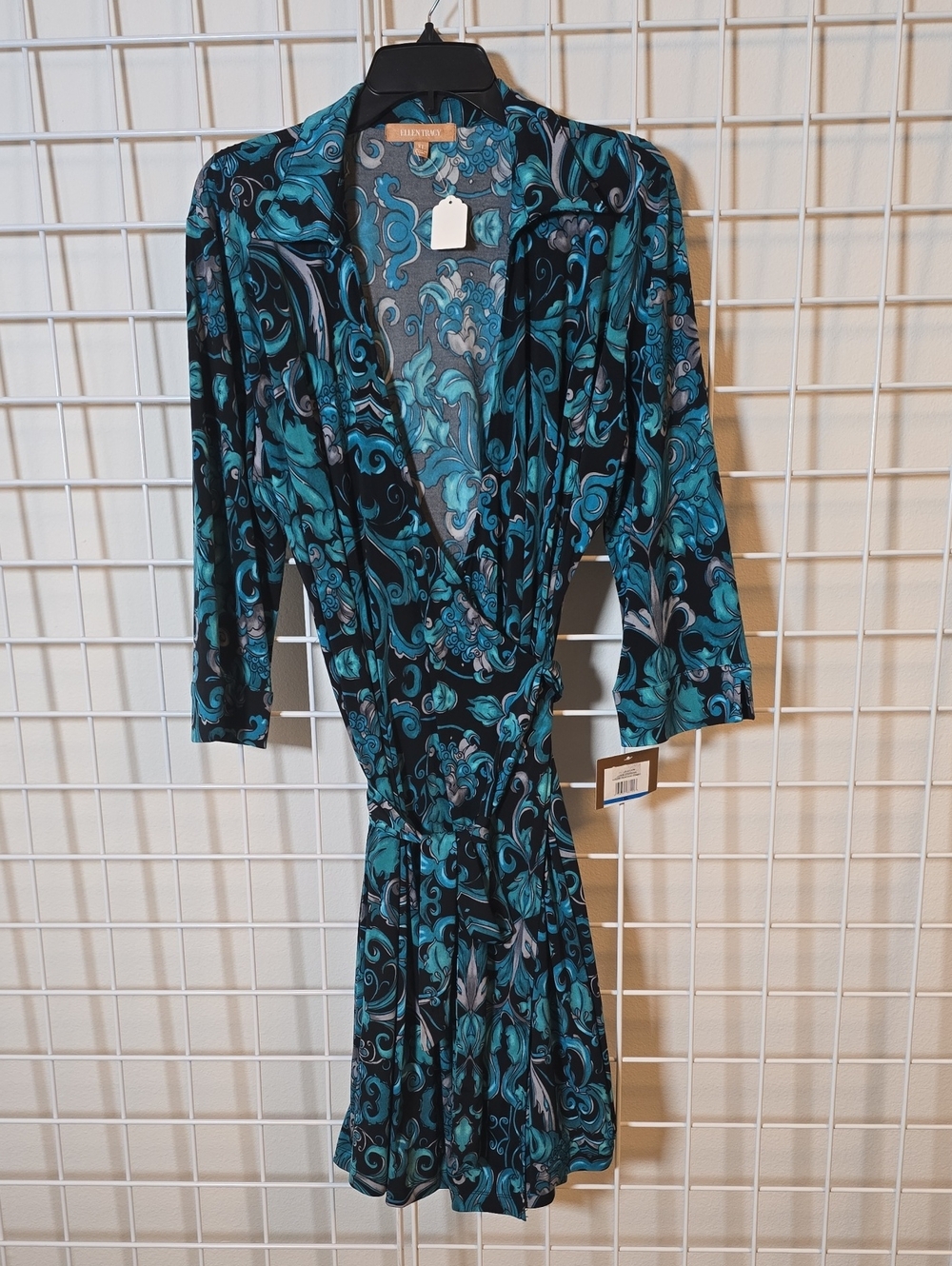 Ellen Tracy Boho Black & Teal Patterned Wrap Midi Dress Size XL NWT